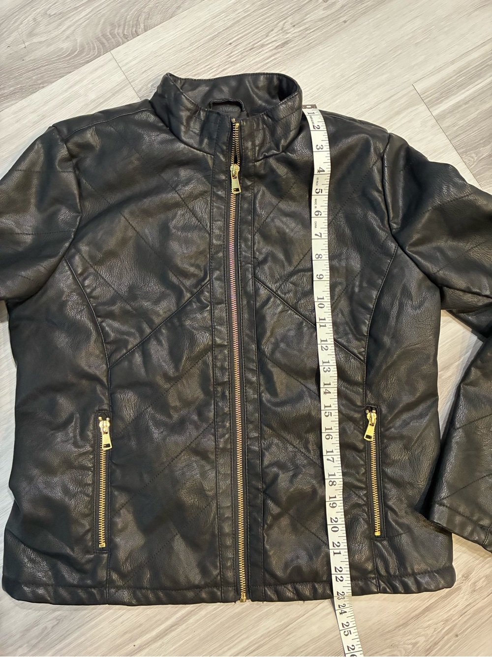Black Faux Leather Zip Jacket with Gold Hardware - Picture 4 of 9